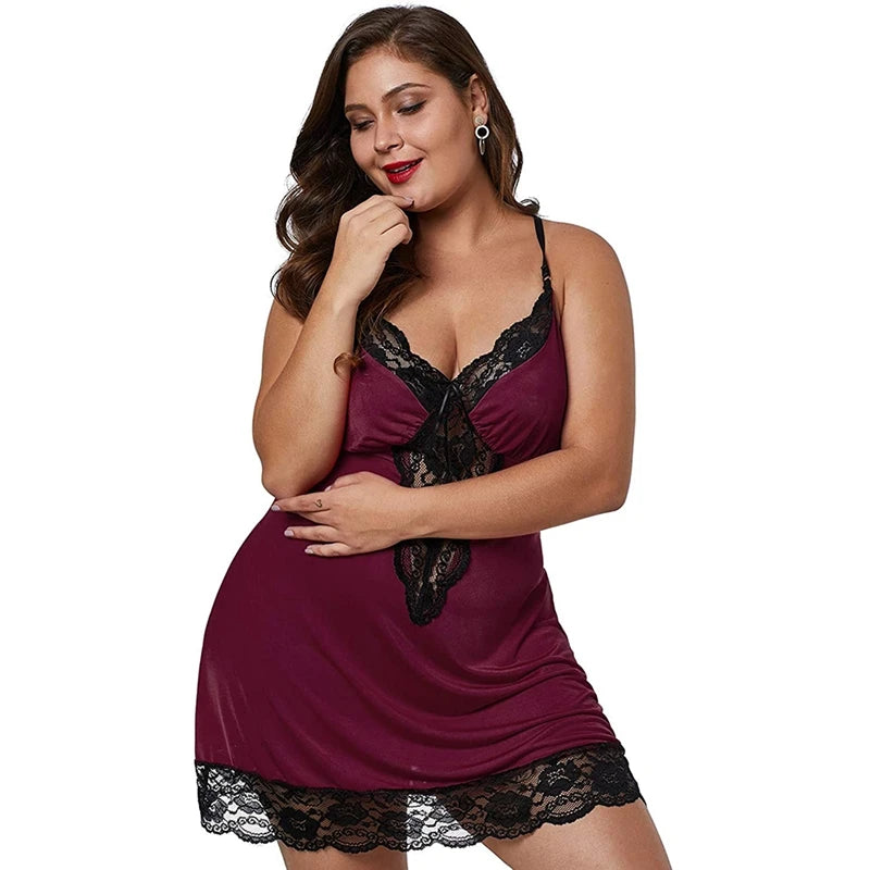 Plus Size Satin & Lace Nightgown Set - Sexy Spaghetti Strap Lingerie