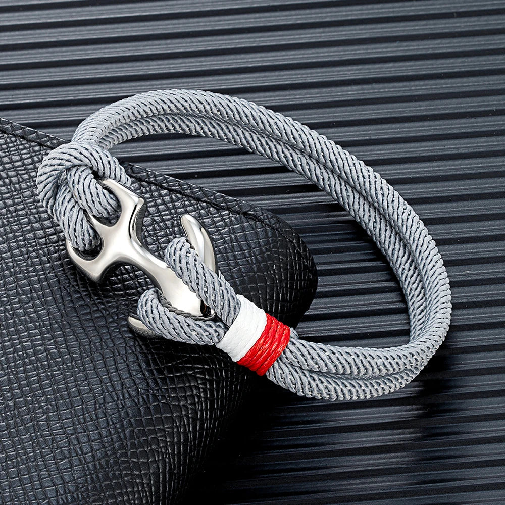 Double Strand Men's Anchor Bracelets with Nautical Survival Rope Stainless Steel Anchor Buckle