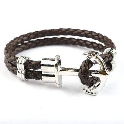 Fashion Alloy Anchor Bracelet for Men with Black Braided Cowhide Leather Rope