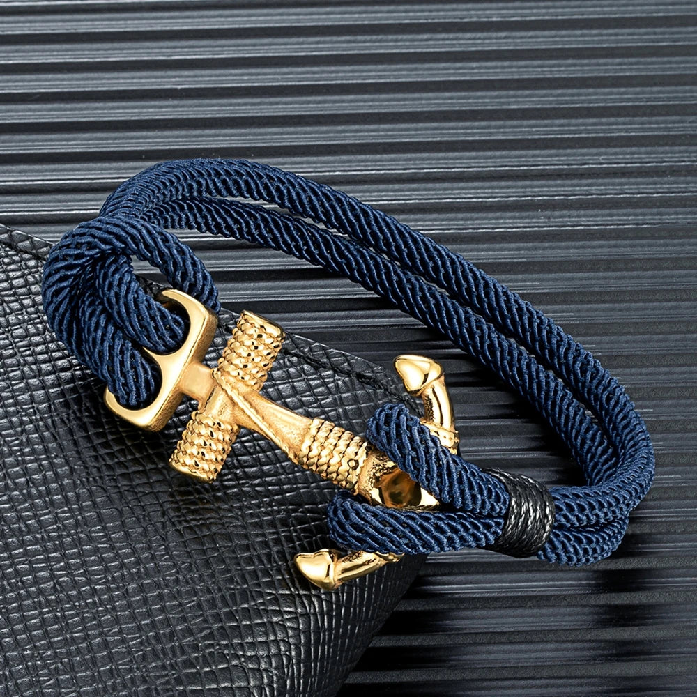 Navy Style Anchor Bracelets for Men Women Double Strand Nautical Surfer Rope Bracelet Gold Plated Stainless Steel Jewelry Gift