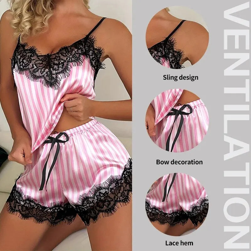 Two Piece Women's V-Neck Sexy Lace Suspender Pajama Shorts Set