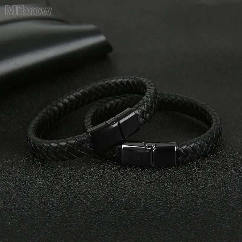 Mibrow Braided Black Leather Men’s Bracelet with Magnetic Clasp – Fashionable Charm