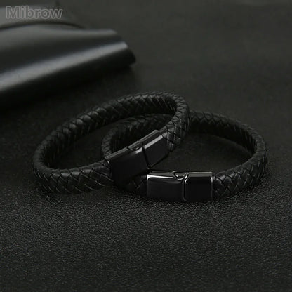 Mibrow Braided Black Leather Men’s Bracelet with Magnetic Clasp – Fashionable Charm