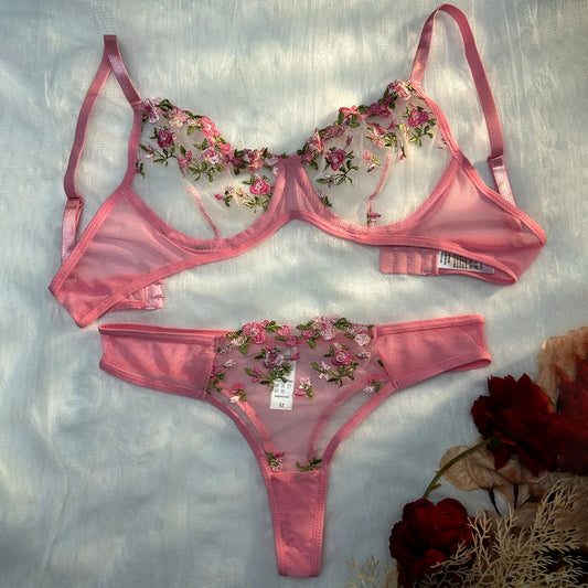 Floral Embroidered Sheer Bra & Panty Set – Sexy Exotic Lingerie