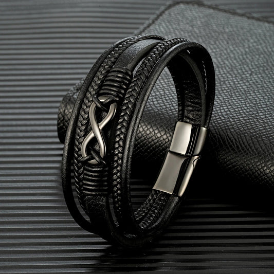 MKENDN Classic Men’s Infinity Bracelet - Braided Leather & Black Steel