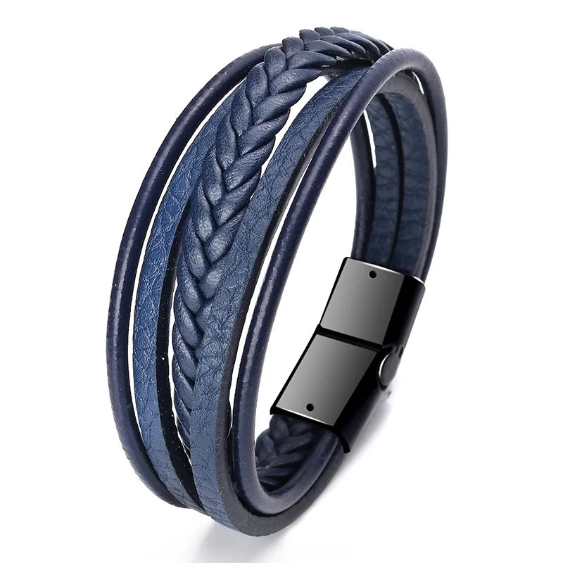 Trendy Leather Bracelets for Men – Stainless Steel Multilayer Braided Rope Jewelry