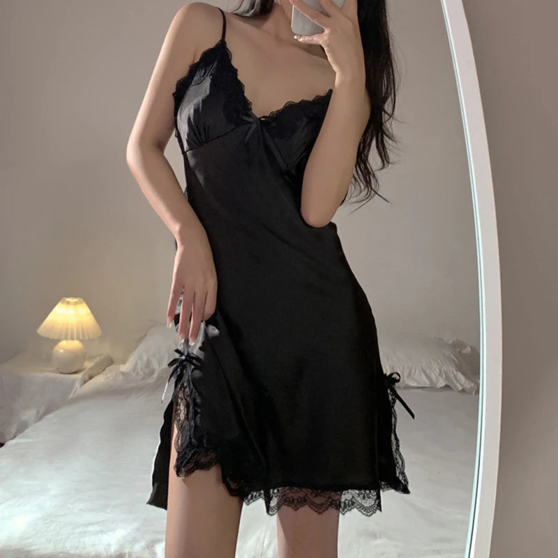Sexy Lace V-Neck Women’s Lingerie Nightdress with Satin Bathrobe