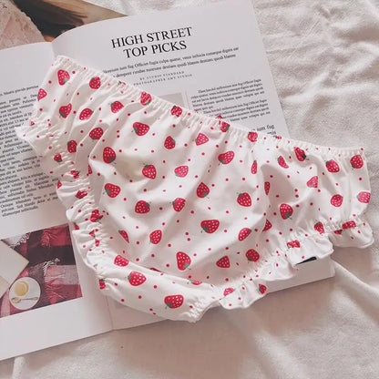 Cute Strawberry Milk Silk Panties – Low-Rise Bowknot Briefs for Women