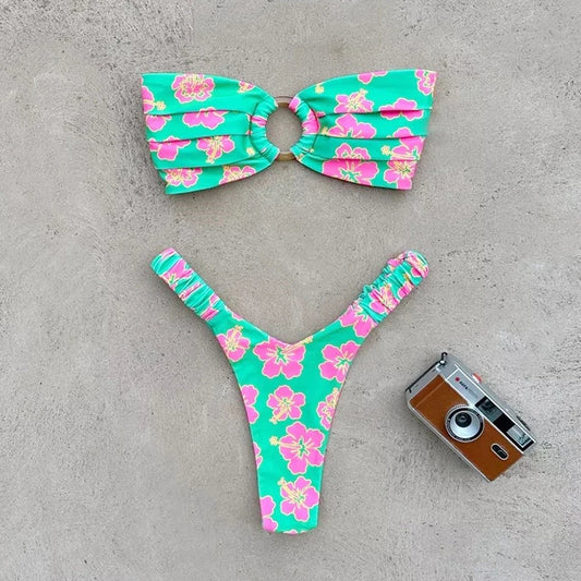 Printed Push-Up Bandeau Bikini Set – Brazilian Thong Swimwear