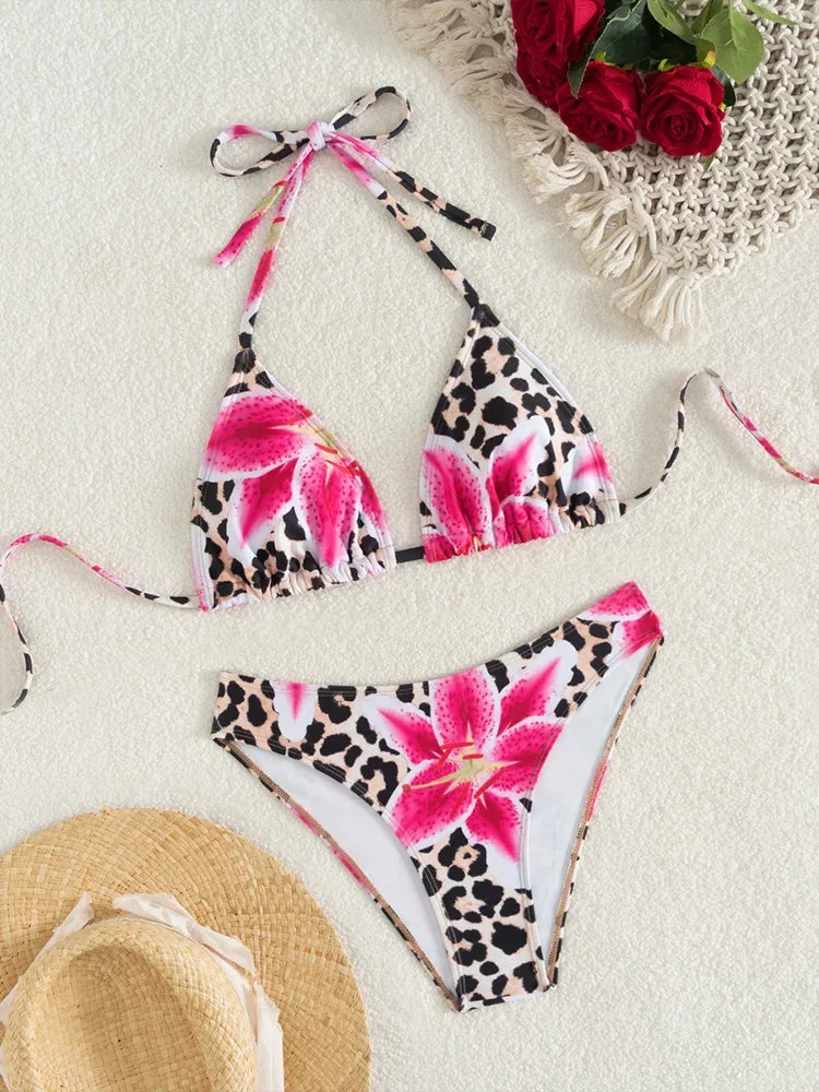 Bikini set with pink floral and leopard print design
