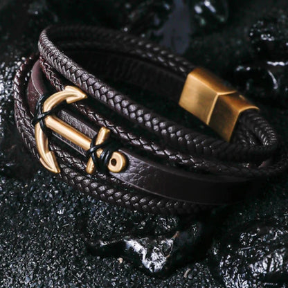 Stainless Steel with Leather Men's Anchor Bracelet