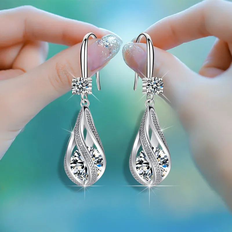 Fine New 925 Sterling Silver Luxury Crystal Zircon Earrings Charms for Woman Cute Engagement Wedding Jewelry Gift