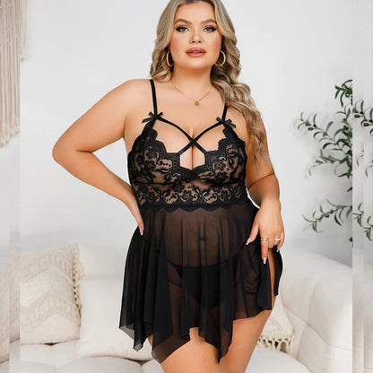 Plus Size Transparent Tulle Babydoll Dress - Erotic Lingerie with Thong