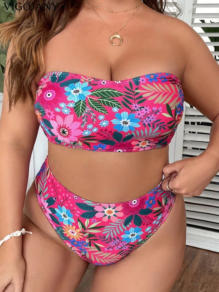 VigoJany Print Bandeau 2 Piece Plus Size Bikini Set for Women – High Waist Push-Up Swimsuit