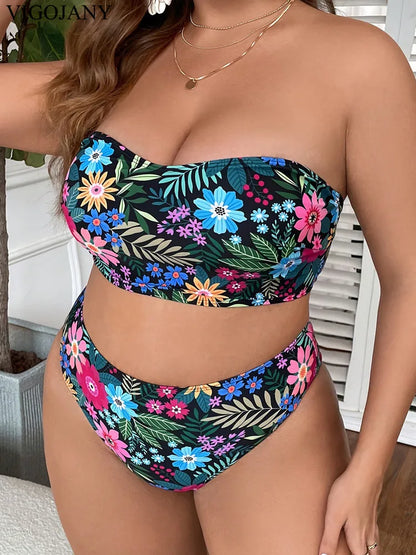 VigoJany Print Bandeau 2 Piece Plus Size Bikini Set for Women – High Waist Push-Up Swimsuit