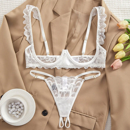 Sexy Lace Lingerie Set for Women – See-Through Bra and Panty in Solid Color Mesh