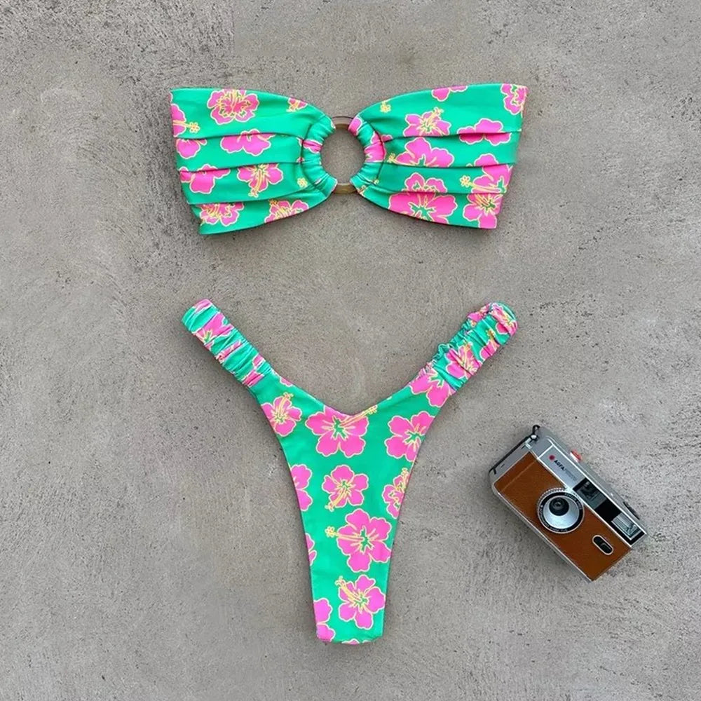 Printed Push-Up Bandeau Bikini Set – Brazilian Thong Swimwear