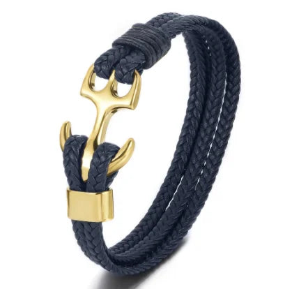 Vintage Stainless Steel Men’s Anchor Bracelet with Leather & Magnetic Closure