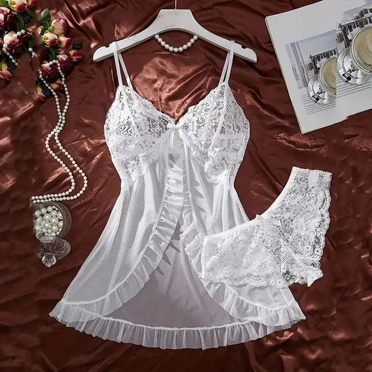 Ultra Sexy Tulle Nightgown Set – V-Neck Sheer Lingerie with Bra & Skirt