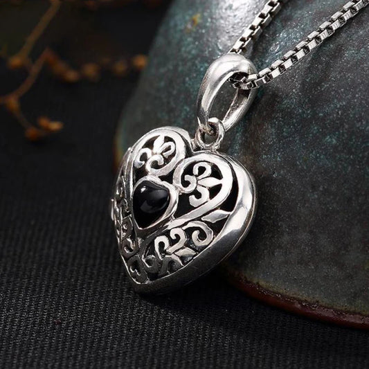 925 Sterling Silver Vintage Thai Heart-Shaped Locket Pendant - Aromatherapy Antique Hollow Flower Design with Natural Stone, Fine Jewelry