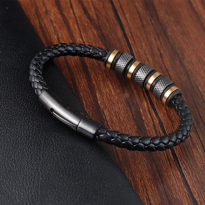 New Style Men’s Braided Leather Bracelet with Stainless Steel Beads – Trendy Punk Jewelry