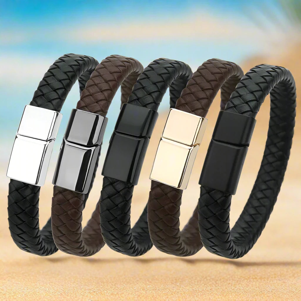 Mibrow Braided Black Leather Men’s Bracelet with Magnetic Clasp – Fashionable Charm