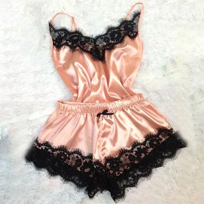 Fashion Nightwear Lace Trim Satin Cami Top Pajama Set