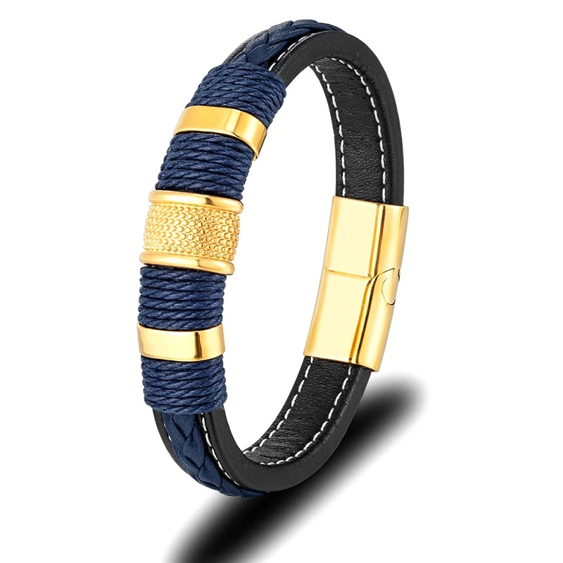 MKENDN Punk Men Braided Genuine Blue Leather Bracelet Black Stainless Steel Magnetic Buckle Bracelet Gifts Homme Pulseras