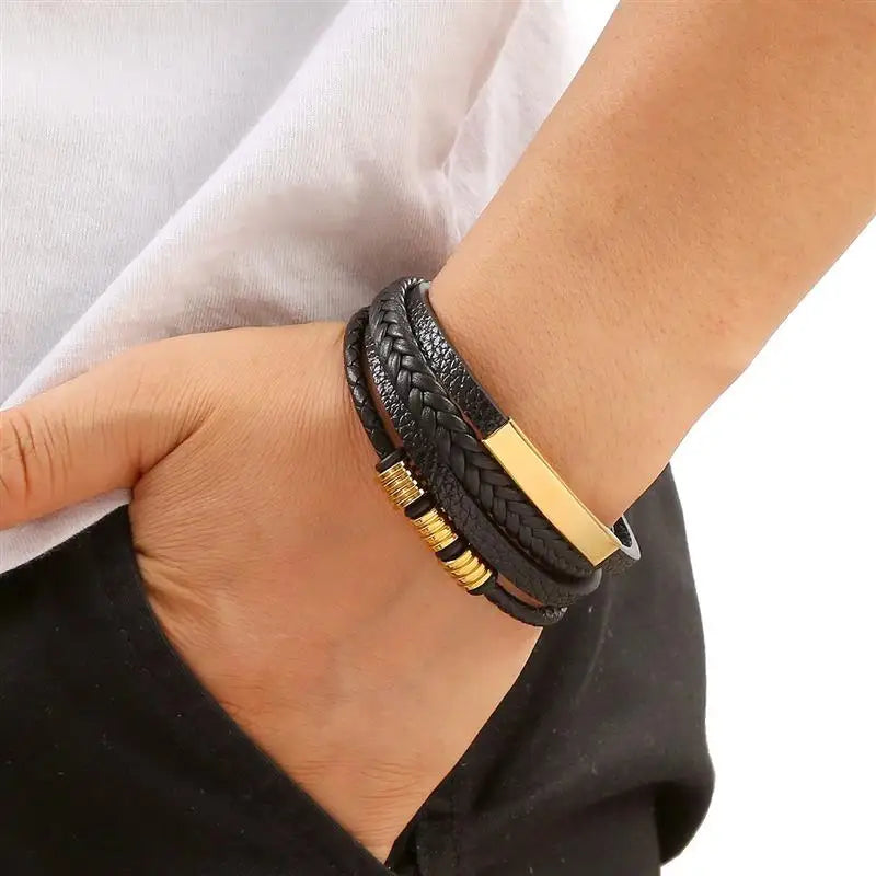 21cm Classic Men's Leather Bracelet - Hand-Woven Multi-Layer Charm