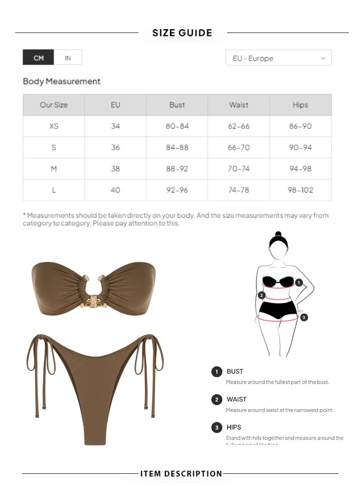 Solid O Ring Swimsuit for Women – Tie Side Shiny Ring Bandeau Bikini with Padded Bra Top