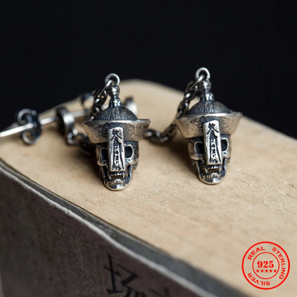 YIZIZAI Punk Gothic Style 925 Sterling Silver Skull With Chain Stud Earring Chinese Corpse Style Ear Studs For Unisex