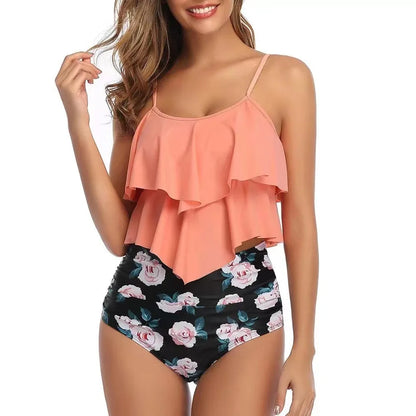 Swimwear Ruffles Women’s Two-Piece Set – High Waist Bikini with Printed Beachwear & Push-Up Tankini