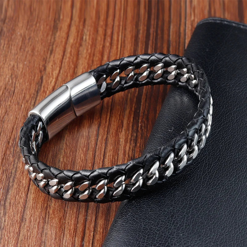 Braided Rope Woven Black Leather Bracelet for Men – Punk Style Stainless Steel Bangle