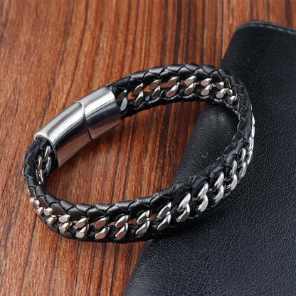 Braided Rope Woven Black Leather Bracelet for Men – Punk Style Stainless Steel Bangle