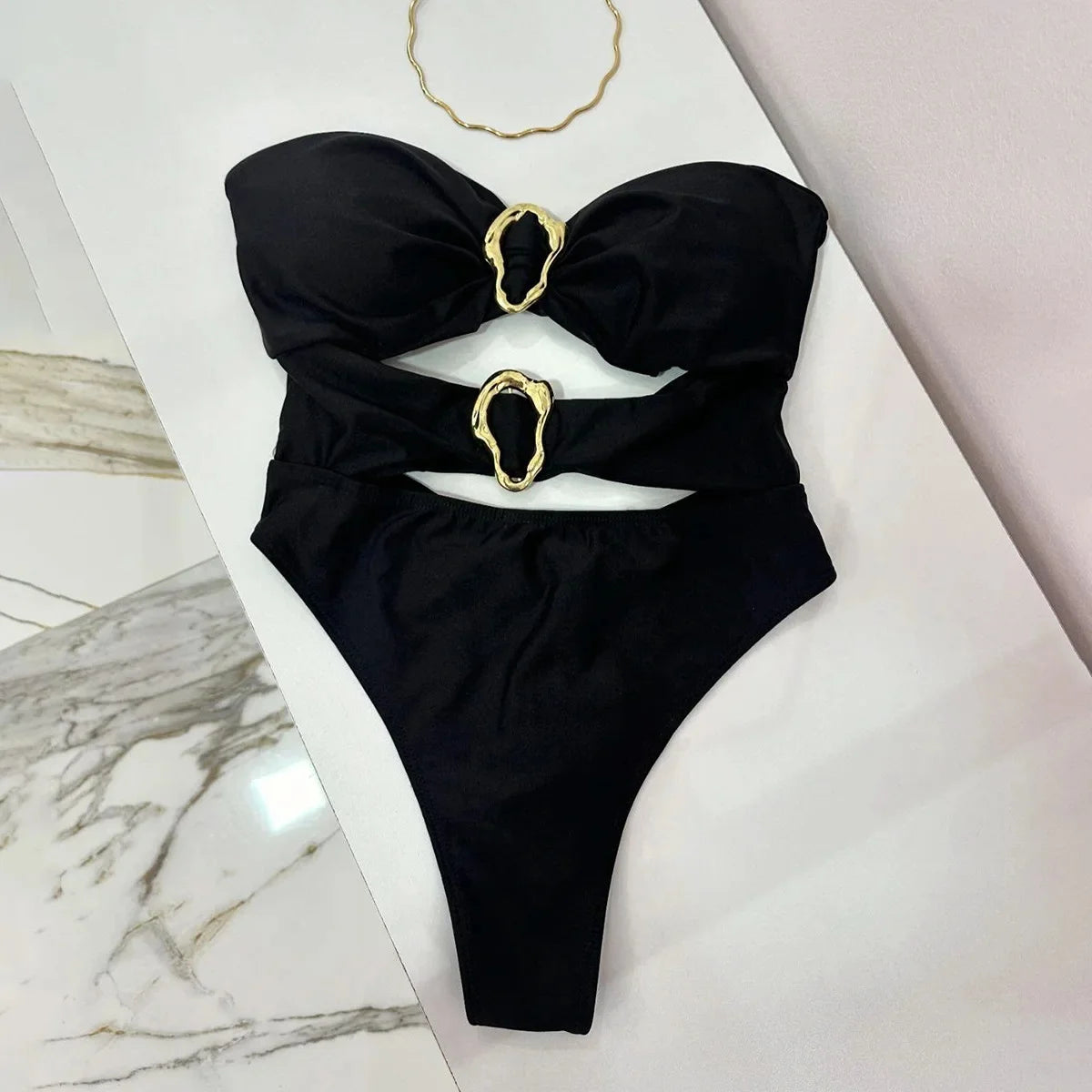 Bandeau One-Piece Swimsuit with Metal Ring Cut-Out – High Leg Design