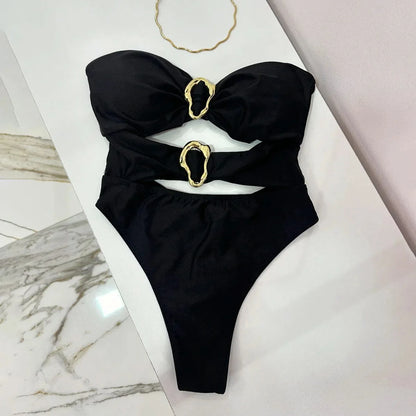 Bandeau One-Piece Swimsuit with Metal Ring Cut-Out – High Leg Design