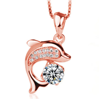 925 Sterling Silver Dolphin Charm Necklace with Crystal