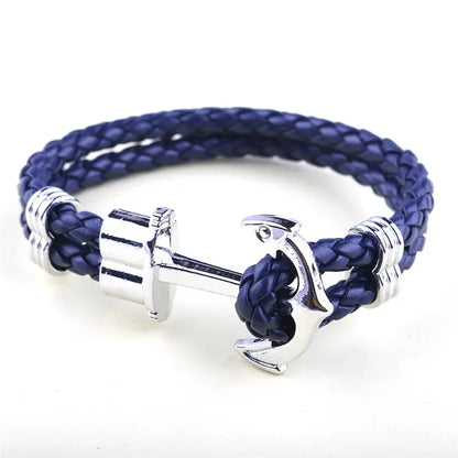 Fashion Alloy Anchor Bracelet for Men with Black Braided Cowhide Leather Rope