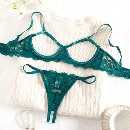 Sexy Lace Lingerie Set for Women – See-Through Bra and Panty in Solid Color Mesh