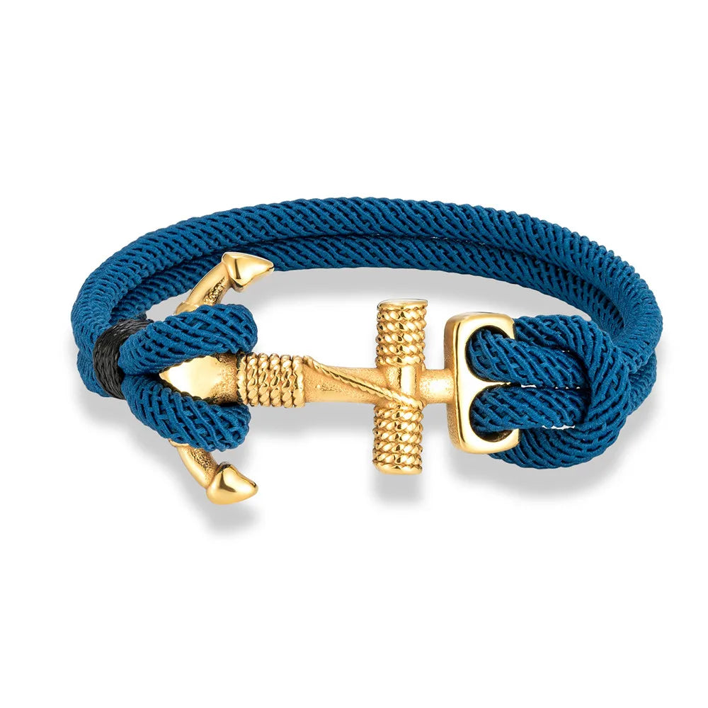 Navy Style Anchor Bracelets for Men Women Double Strand Nautical Surfer Rope Bracelet Gold Plated Stainless Steel Jewelry Gift