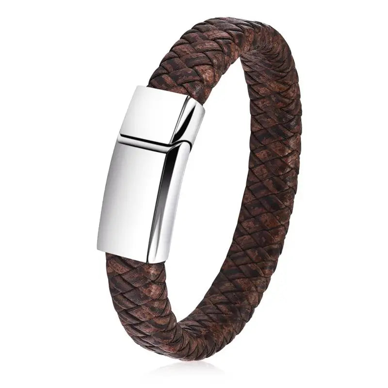 Jiayiqi Punk Men Jewelry Black/Brown Braided Leather Bracelet Stainless Steel Magnetic Clasp Fashion Bangles Gift 18.5/22/20.5cm