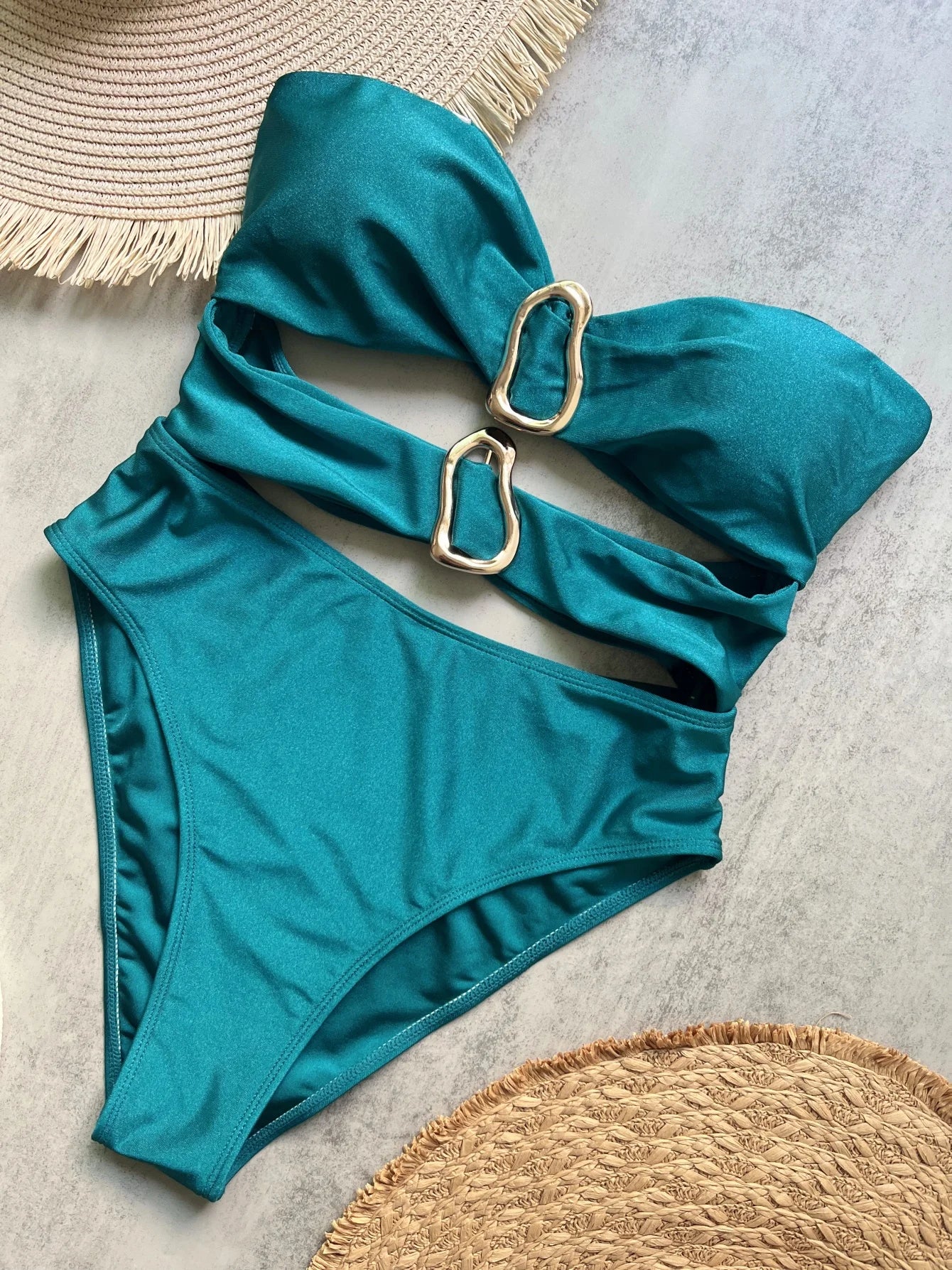 Bandeau One-Piece Swimsuit with Metal Ring Cut-Out – High Leg Design