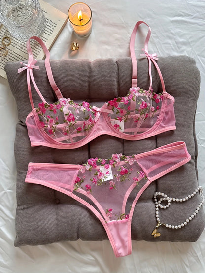 Night Beautiful Floral Embroidery Sexy Women's Lingerie Set
