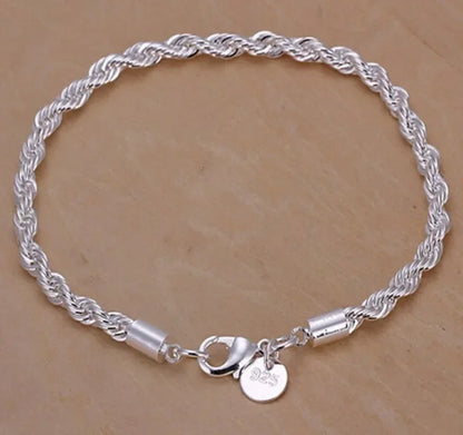 925 Sterling Silver 4MM Twisted Rope Bracelet for Men & Women