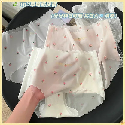 Strawberry Printed Low-Waist Panties – Soft Breathable Silk & Cotton Briefs