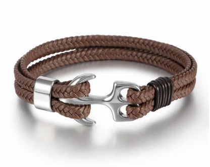 Vintage Stainless Steel Men’s Anchor Bracelet with Leather & Magnetic Closure