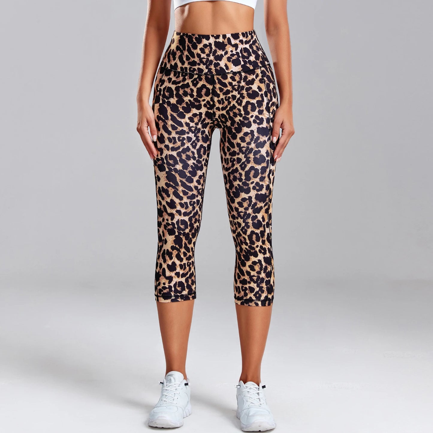 Women’s Leopard Print Yoga Capri Leggings – Gym Pants with Side Pockets