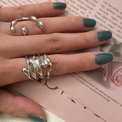 Irregular Hollow Silver Color Wide Ring Female Fashion Retro Unique Design Handmade Jewelry Gifts