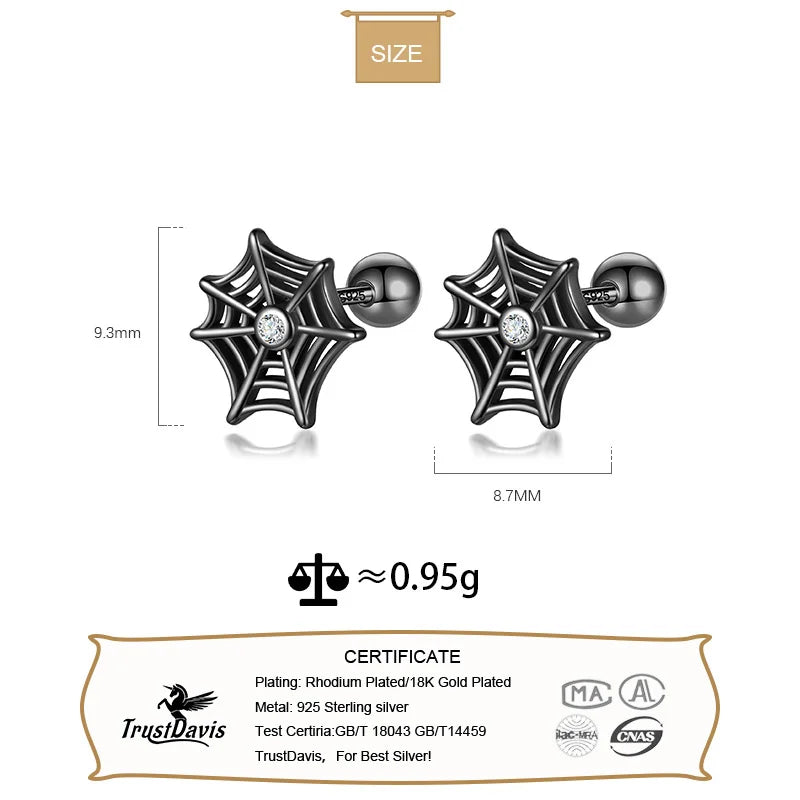 TrustDavis Real 925 Sterling Silver Kids Black Halloween Spider Web Screw Stud Earrings For Daughter Girls Fine Jewelry DF2042