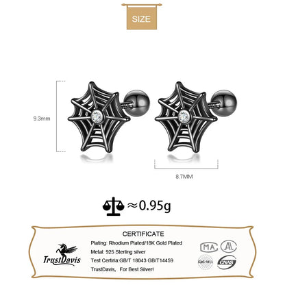 TrustDavis Real 925 Sterling Silver Kids Black Halloween Spider Web Screw Stud Earrings For Daughter Girls Fine Jewelry DF2042